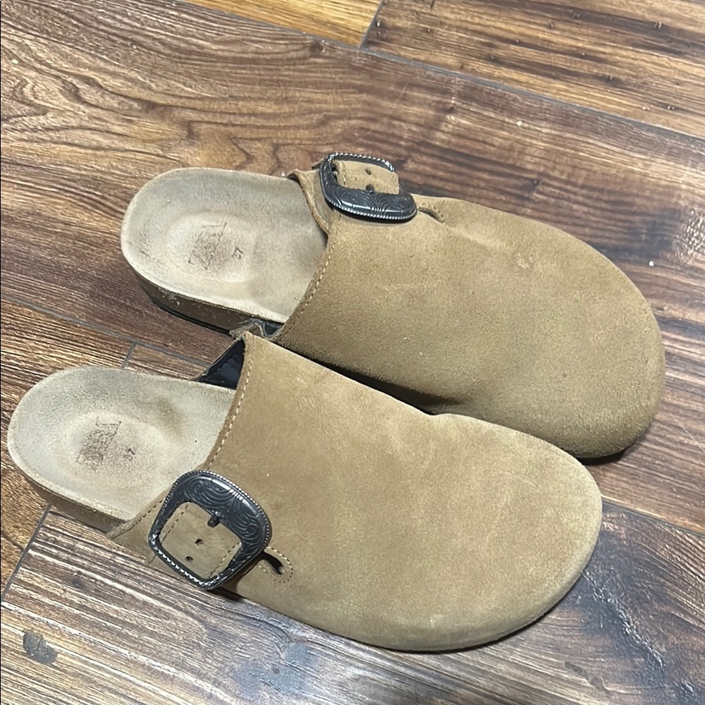 Tan Suede Slip-On Clogs with Buckle